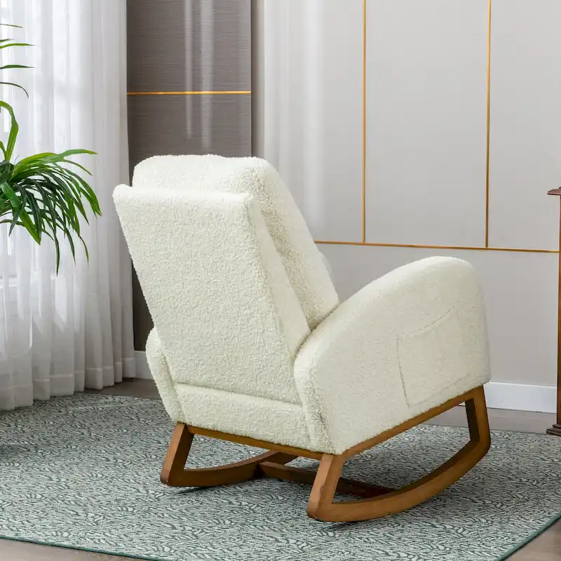 Teddy Fabric Upholstered High Back Mid-Century Modern Nursery Rocking Chair with Side Pocket
