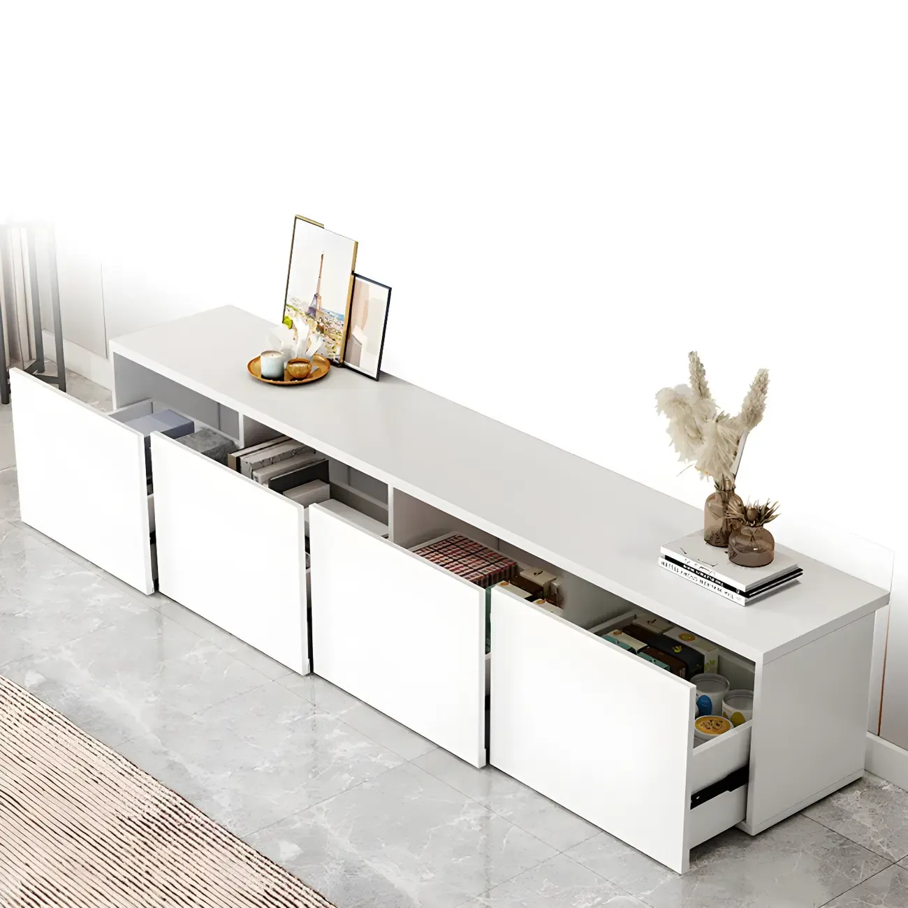 63 White Wooden Cable Management TV Stand with Drawers