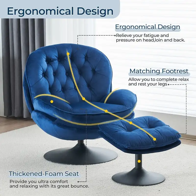 Velvet Swivel Accent Chair with Ottoman Round Reading Accent Chair Foot Stool Ottoman Set,360 Swivel,Metal Frame