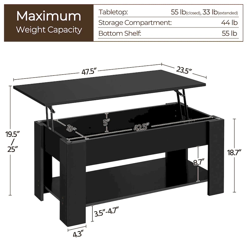 Yaheetech 47.5 Lift Top Coffee Table, Hidden Compartment/ Open Shelf