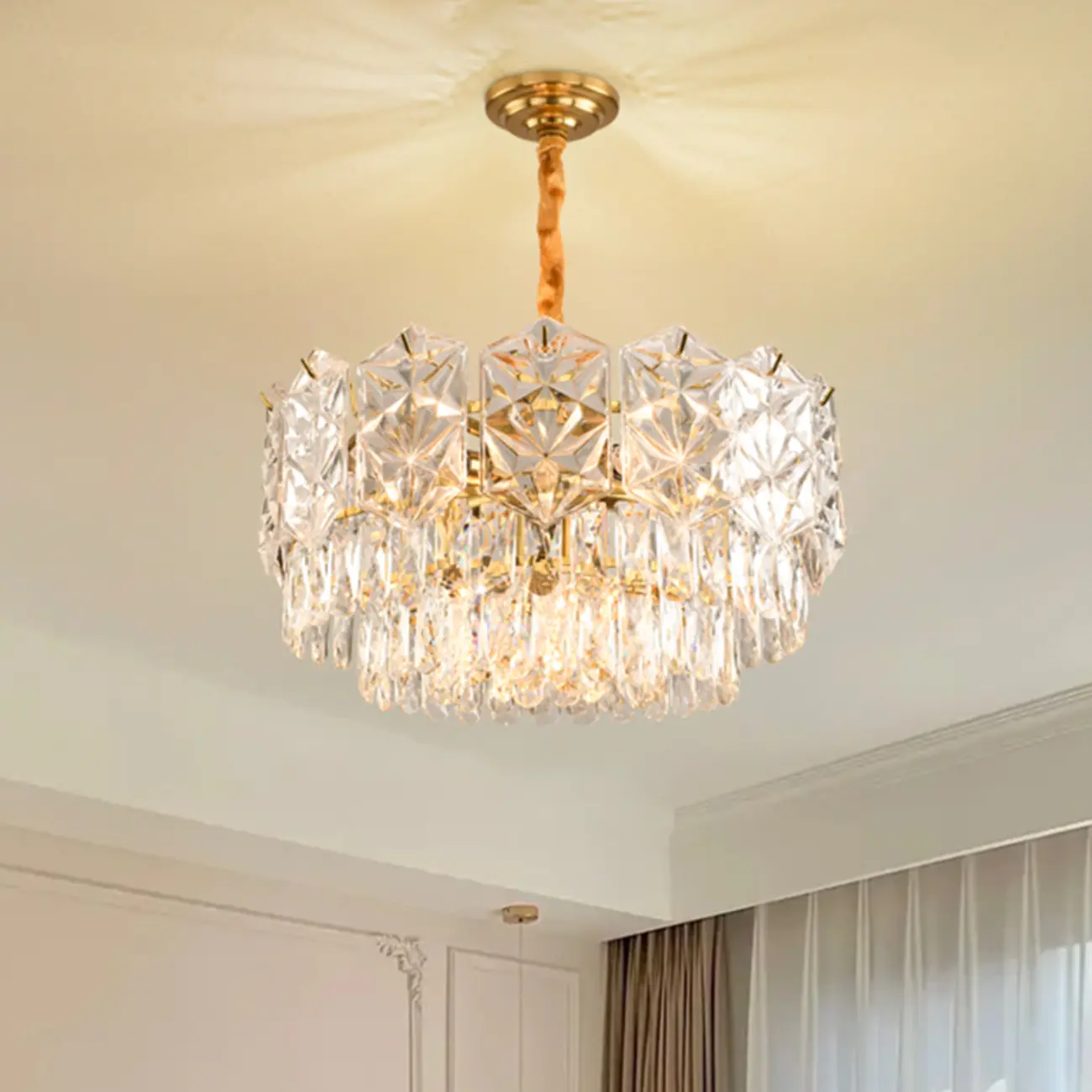 Modern Tier Gold Crystal Drum Chandelier Height Adjustable