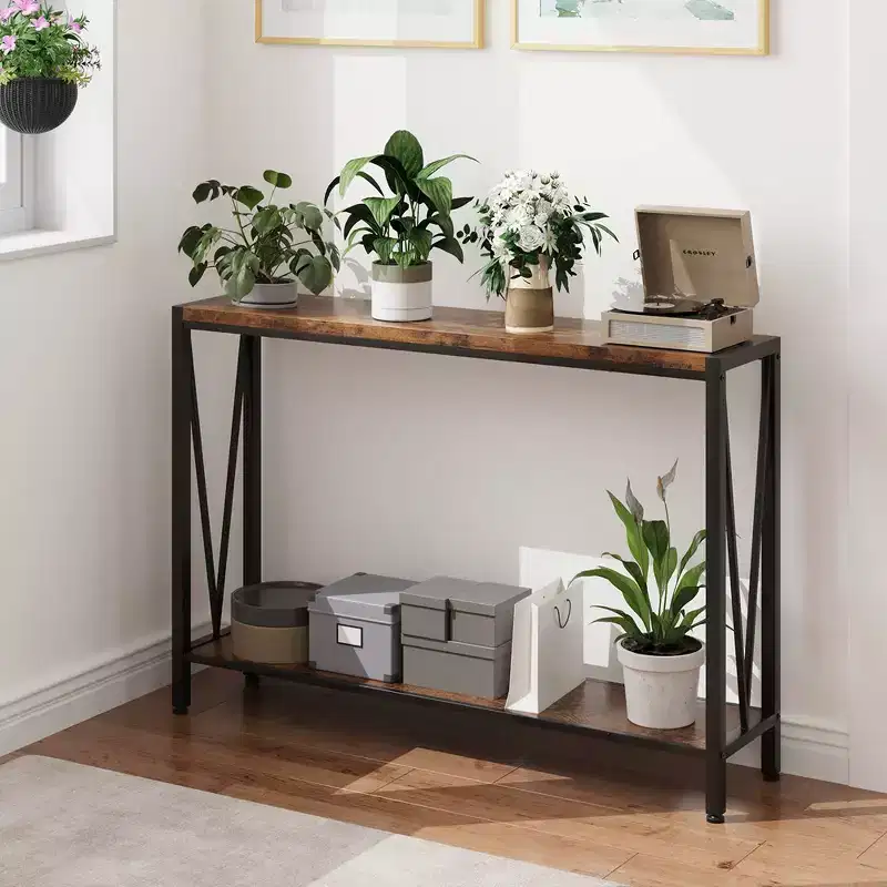 2-Tier Narrow Console Sofa Side Table, Premium Entryway Furniture, 42.9 x 9.8 x 29.9 (Gray )