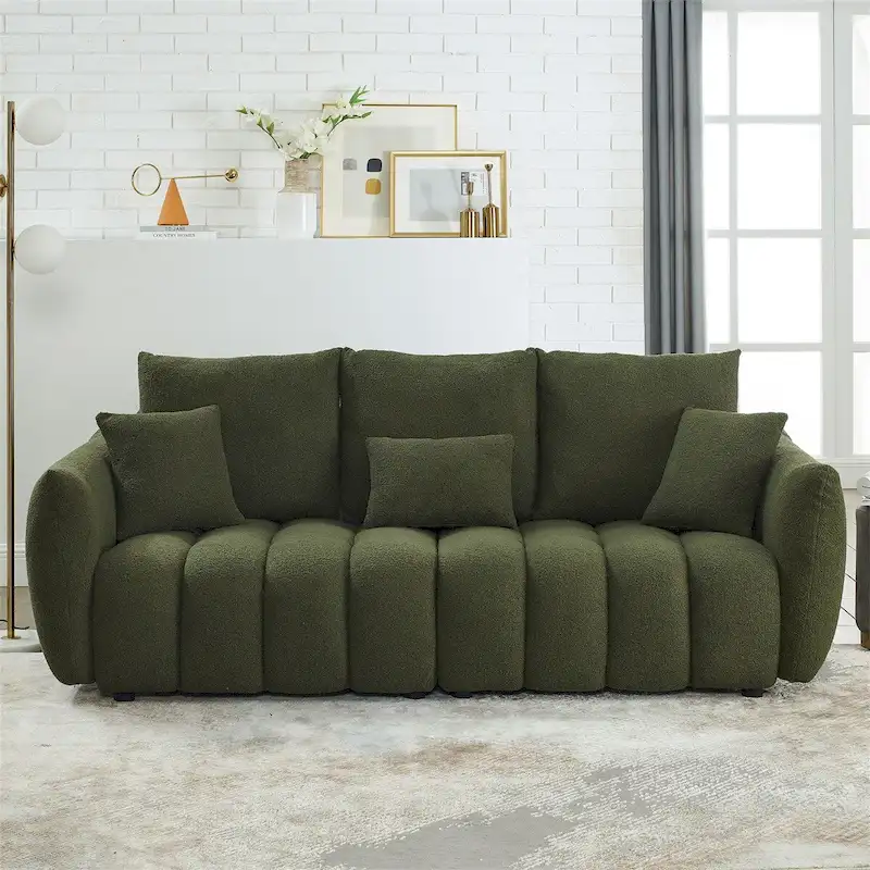 Upholstered Teddy Fabric Sofa with 3 Pillows and Solid Wood Frame
