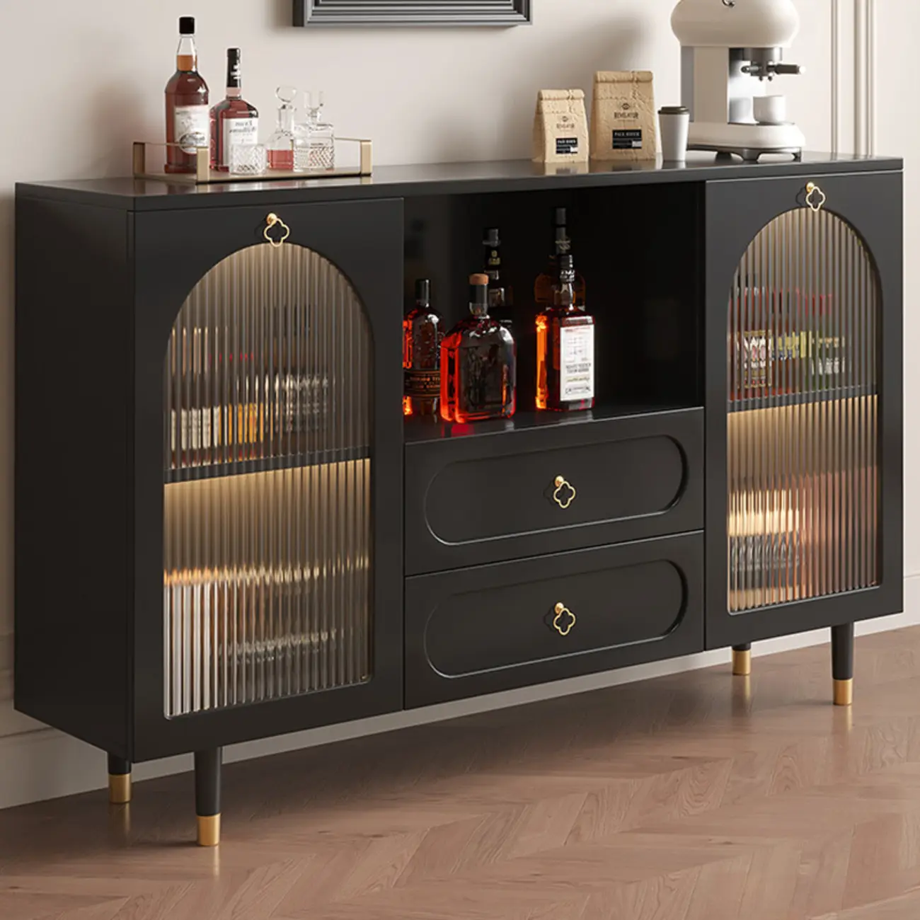 Glam Black Engineered Wood Sideboard with Drawers