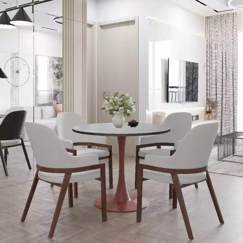 LeisureMod Bristol 27 Round Dining Table with Sintered Stone Top and Cherry Steel Pedestal Base for Modern Kitchen and Dining Room