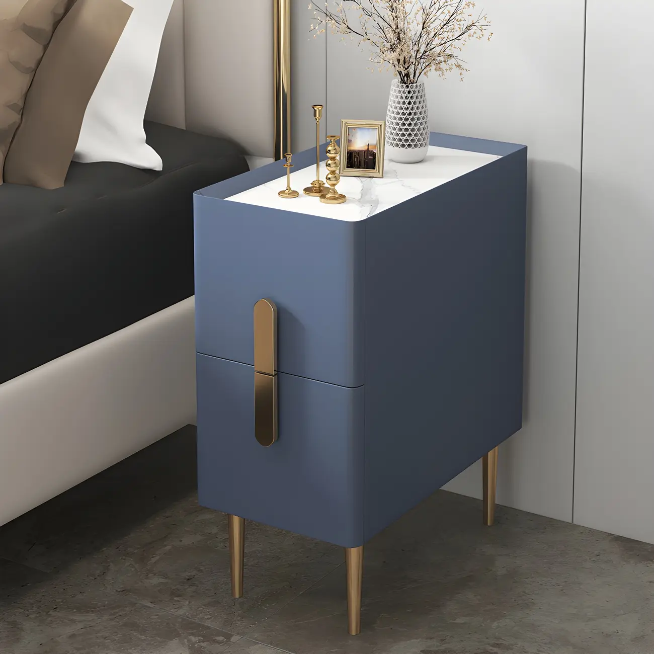 Modern Stone Countertop Faux Leather Nightstand with 2 Drawers