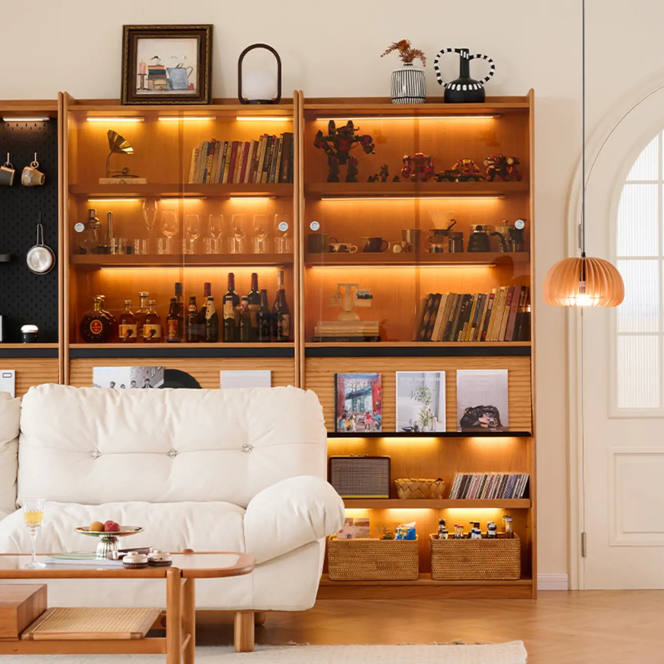 Adjustable Solid Wood Brown Display Cabinet with Light