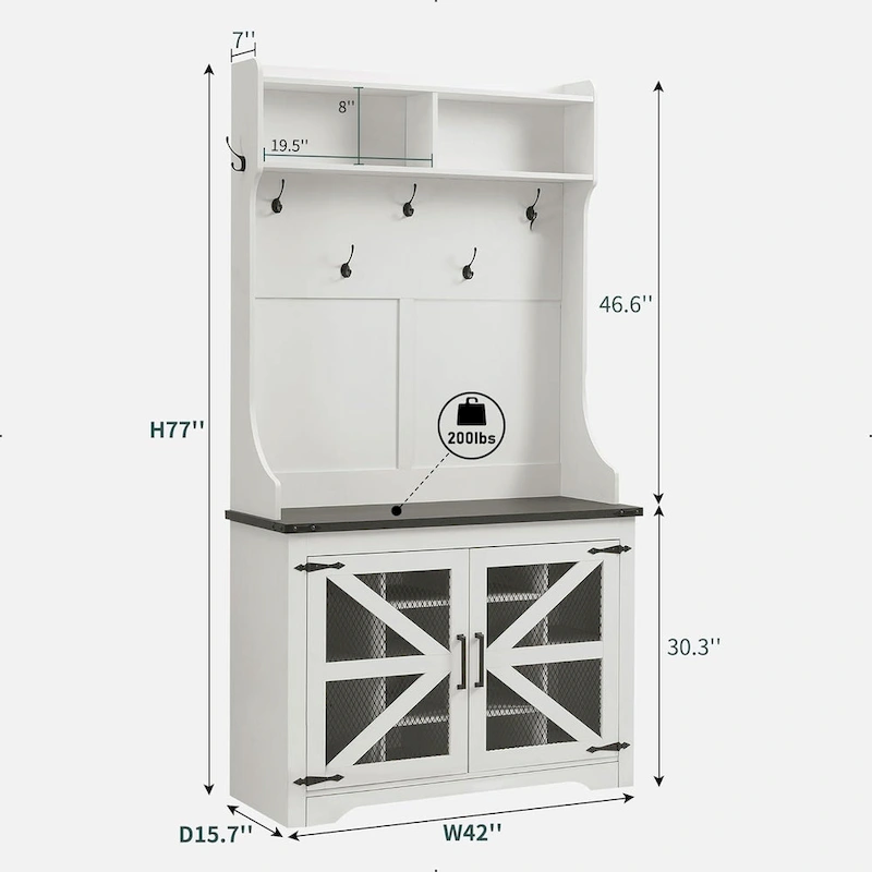 42  Wide Farmhouse Entryway Bench with Coat Rack, Mudroom Cabinet