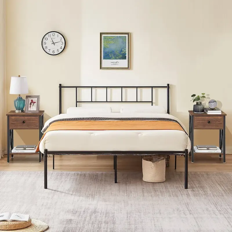 VECELO 3-Pieces Bed Frame with Wood Headboard and Modern Nightstands Set of 2