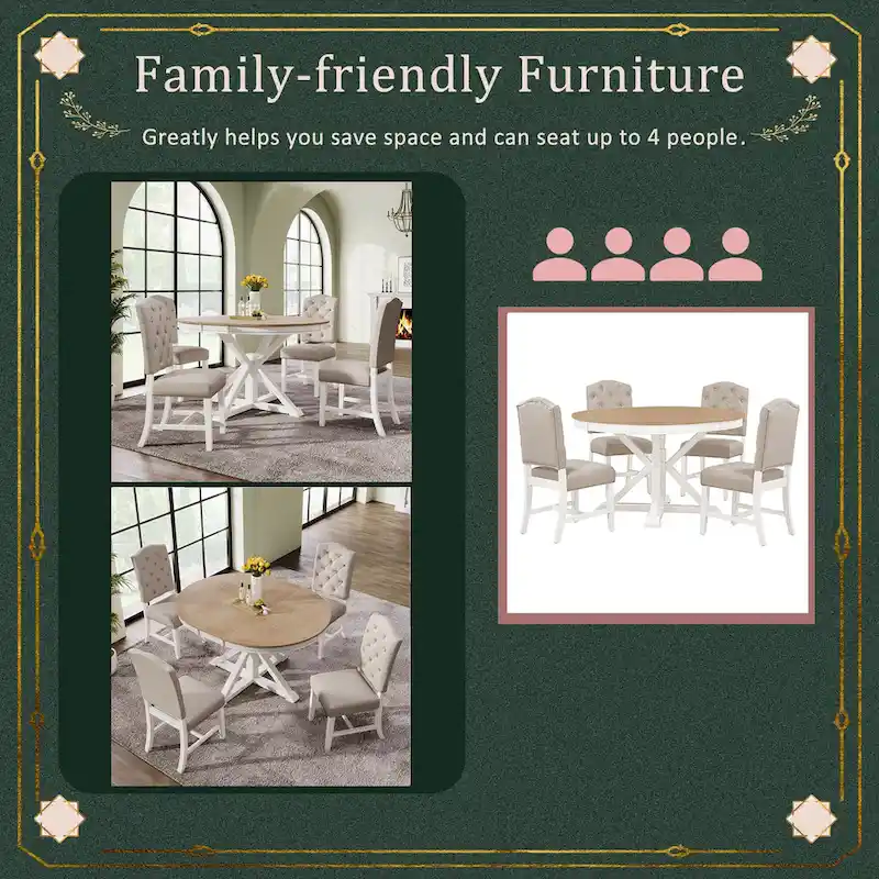 Functional Dining Table Set with Extendable Table and 4 Upholstered Chairs