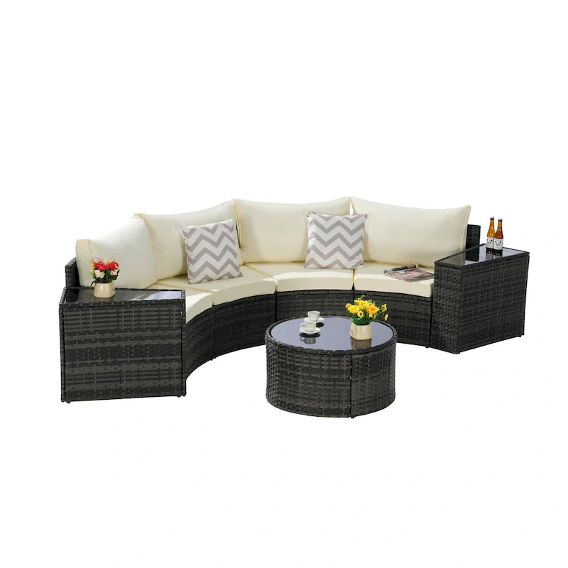 7-Piece Half-Moon Sectional Sofa Set with Glass Table