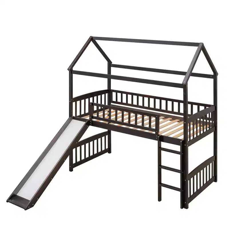 Twin House Loft Bed with Slide, Wood Playhouse Loft Bed Frame with Ladder and Roof