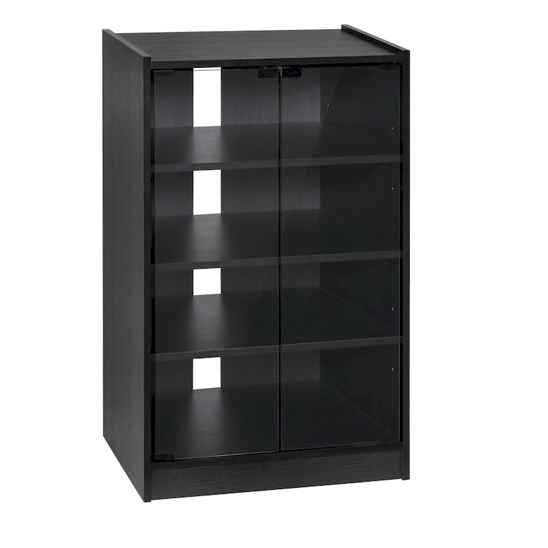 5-Tier Media Stand Cabinet with 3-Level Adjustable Shelves, Tempered Glass Doors, and Cable Management, Distressed Black