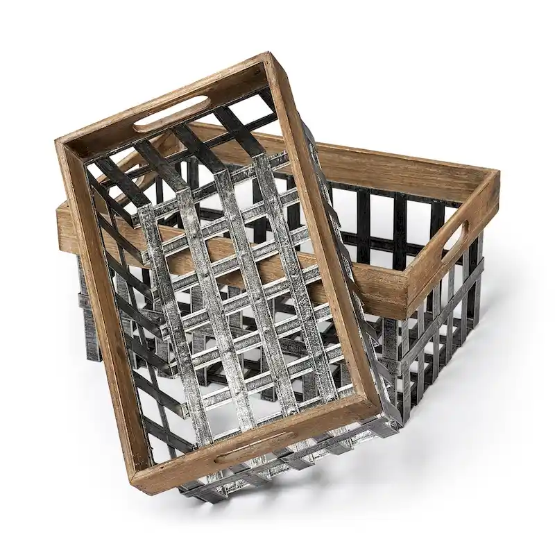 Chartrand Wood And Metal Open Crate Style Baskets, Set of 2 - Small