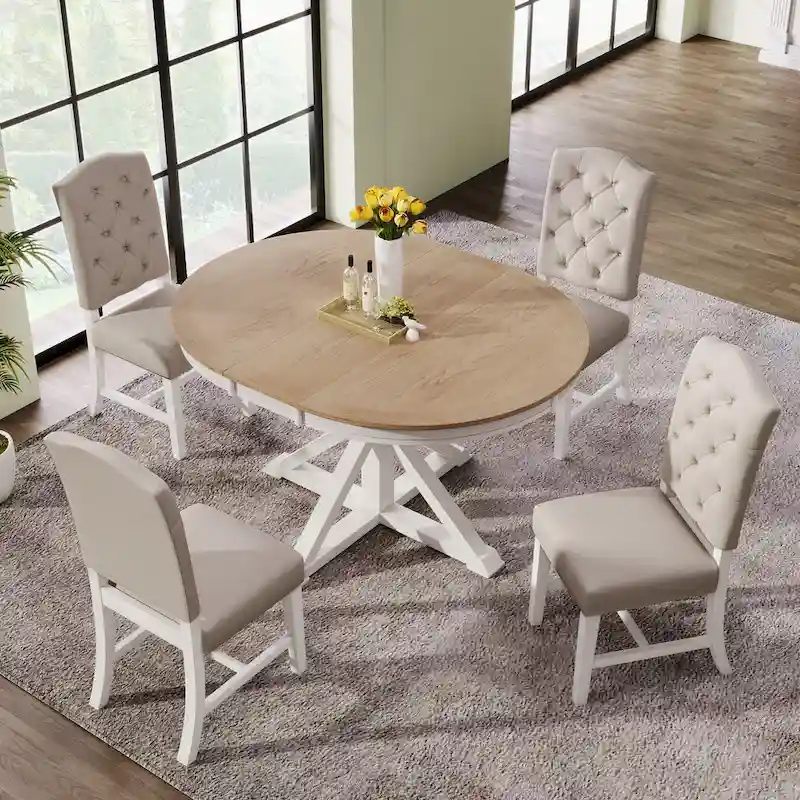 5 Pcs Wooden Round Dining Table Set, Kitchen Dining Table Chair Set with Extendable Table and 4 Upholstered Chairs