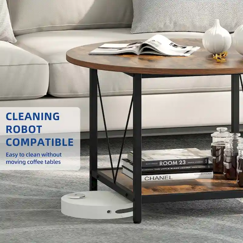 Industrial 2-Tier Round Coffee Table with Shelf