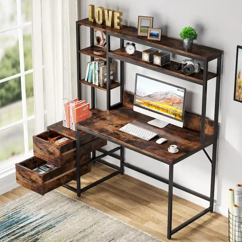Rustic Computer Office Desk with Drawers and Hutch