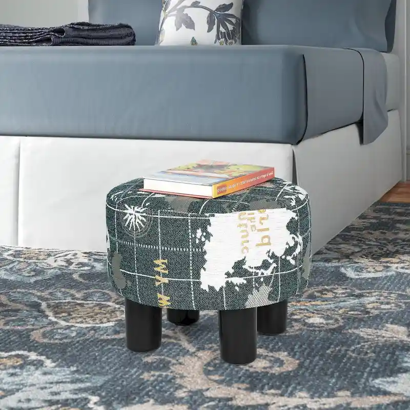 Adeco Round Ottoman Fabric Footrest Modern Padded Chair Footstool