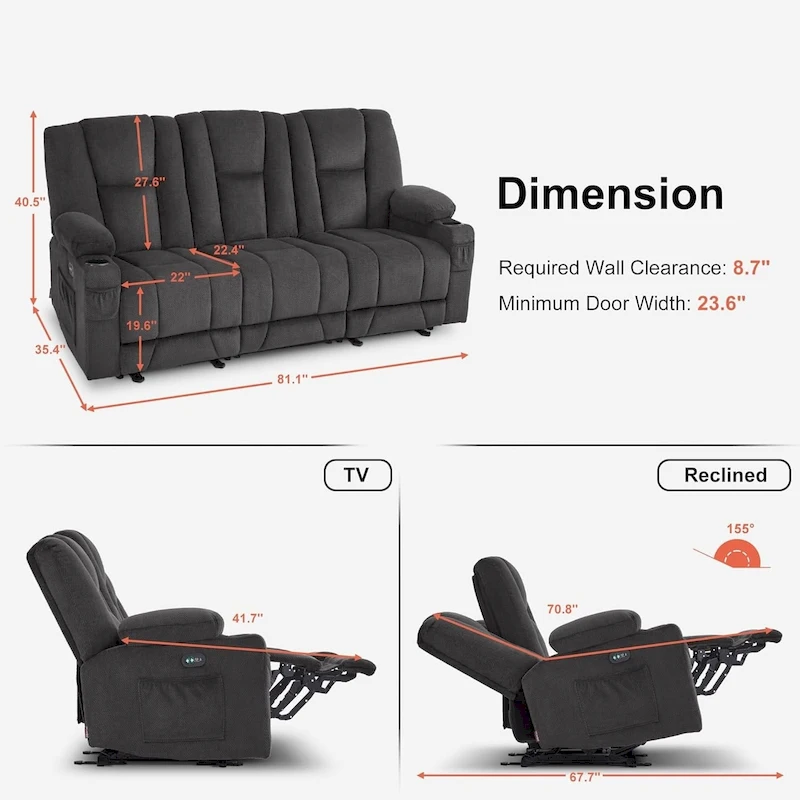 MCombo Electric Power Reclining Sofa with Massage and Lumbar Heat, Fabric 6015/6025/6035/6045