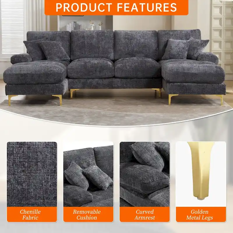 HOMEFUN Chenille Upholstered U-Shaped Living Room Sectional Sofa