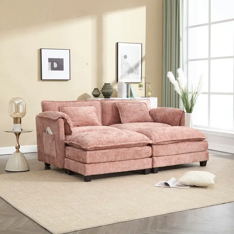 76.77  Chenille Upholstered Sofa with 2 Ottomans