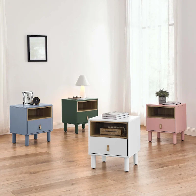 Nightstand - MDF & Solid Wood, 1 Drawer, Open Shelf, Leather Handles, 18.9W x 21.65H, Modern