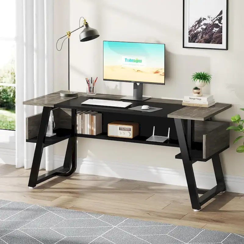 63 Inches Large Executive Desk with Bottom Shelves
