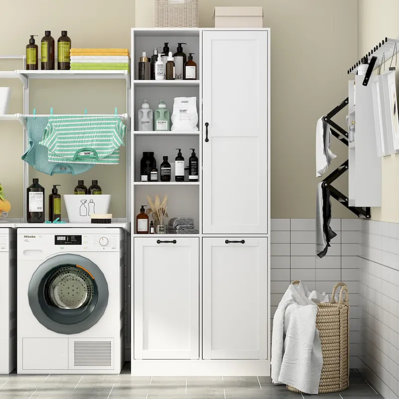 Sleek White Laundry Bathroom Cabinet with Unique Rotating Drawers