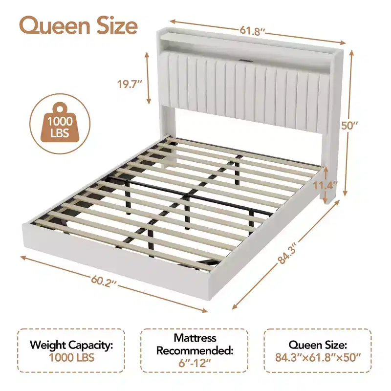 GustoWave Floating Bed Frame, with LED Lights & Charging Station