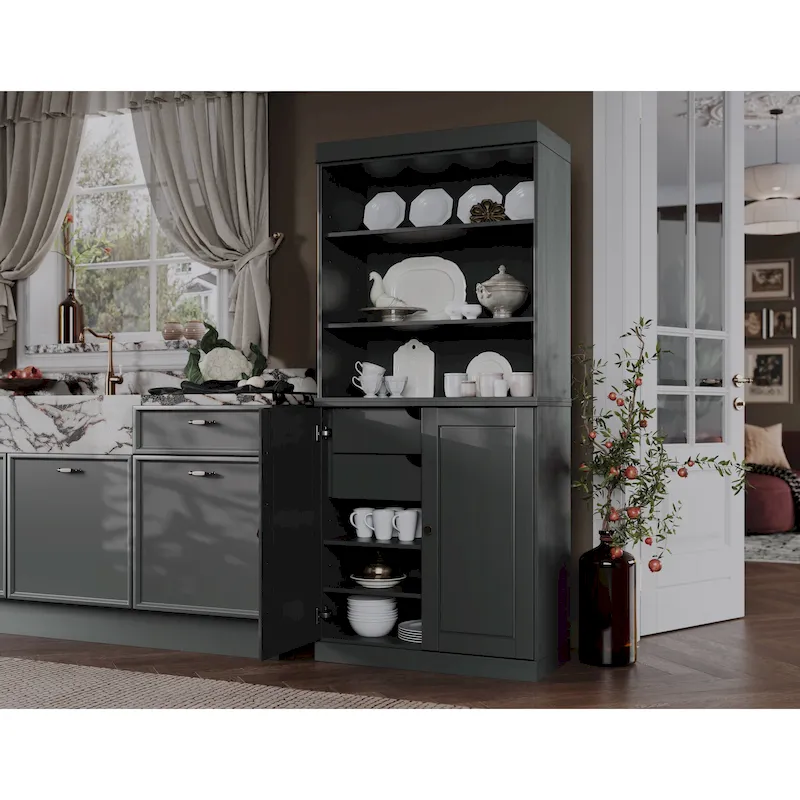 100% Solid Wood Kitchen Pantry Cabinet with 2 Clear Glass or Solid Wood Doors and 2-Drawer Organizer by