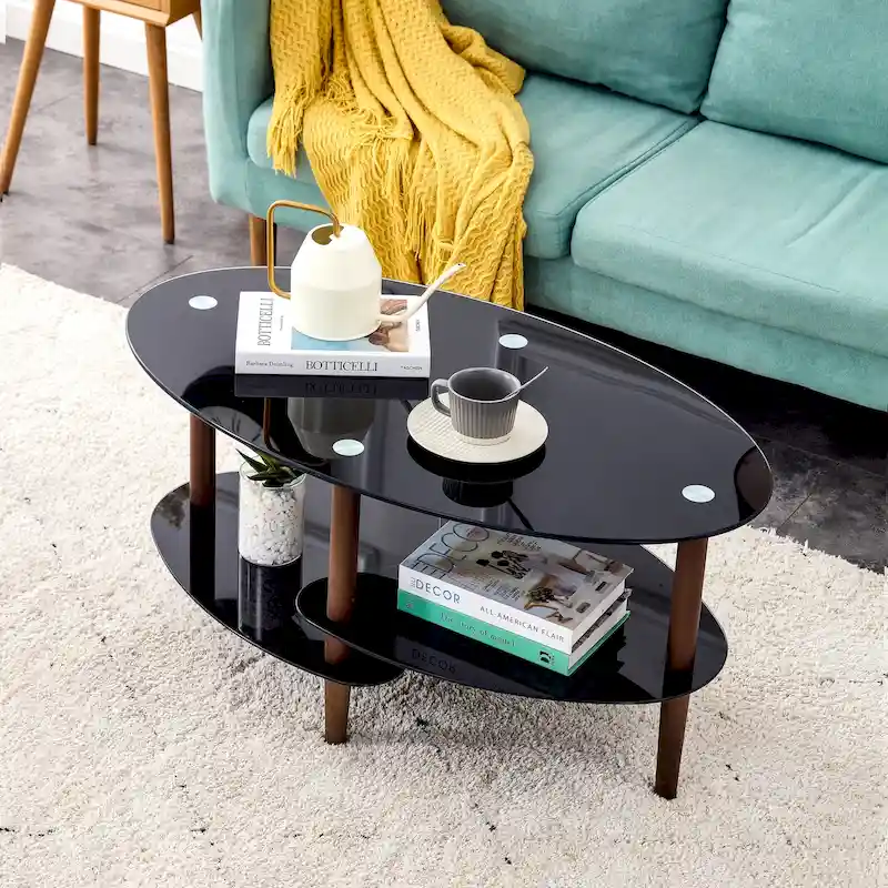 Oval glass coffee table, Transparent coffee table, modern table in living room with Oak wood legs, tea table
