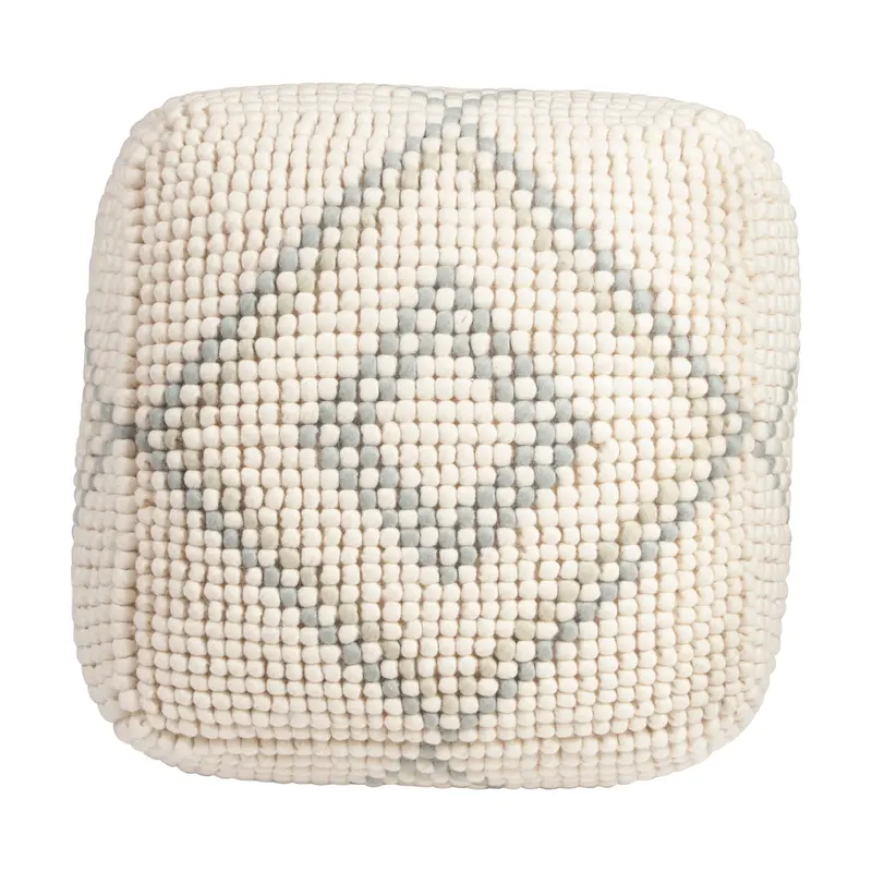 Cream/Grey/Teal Wool & Cotton Round Pouf Ottoman, 24