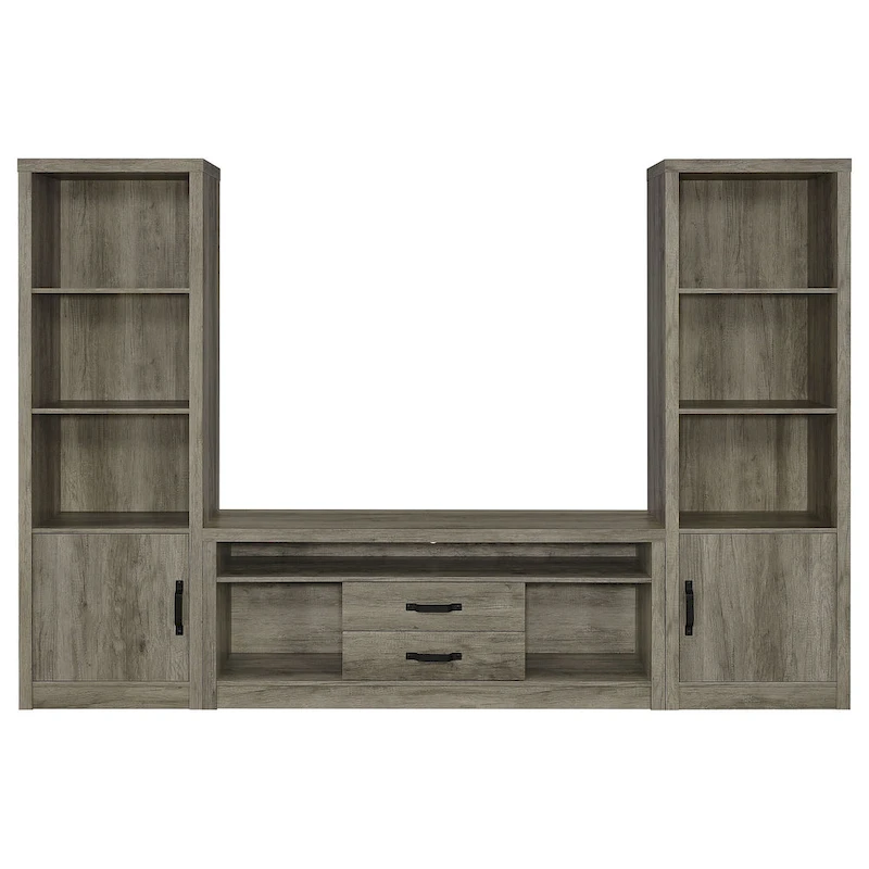 TV Entertainment Console with 2 Media Tower, 8 Compartments, Driftwood Gray