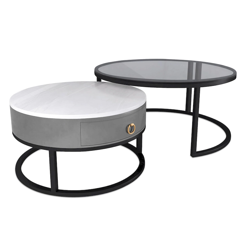 Modern Glass Waterproof Round Nesting Coffee Table with Drawer