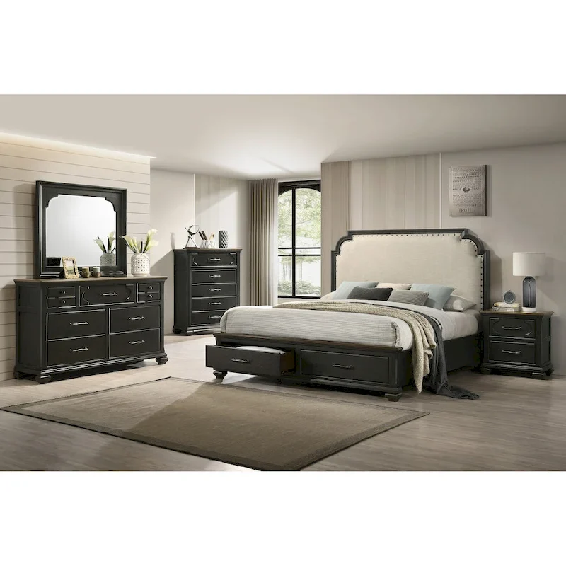 Josalina 5 Piece Brown Modern Contemporary Solid Wood And Veneers Fabric Storage Bedroom Set