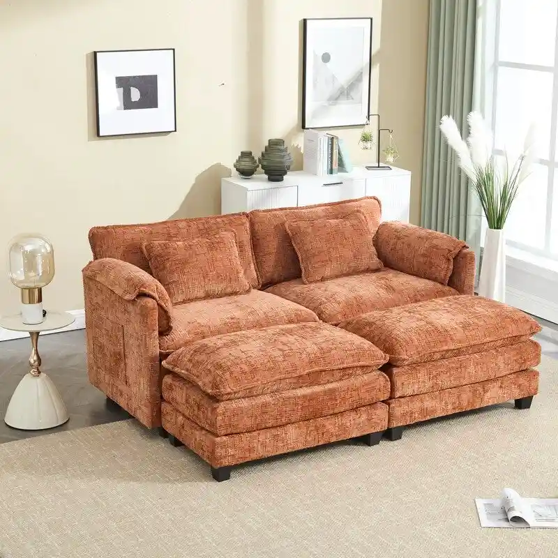 76.77 Chenille Upholstered Sofa with 2 Ottomans
