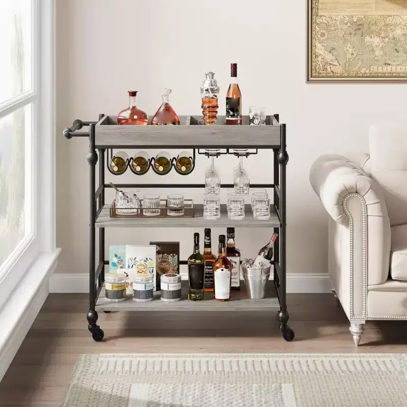 3 Tier Rolling Bar Cart with Wine Rack, Mobile Serving Cart with Wheels & Removable Tray, Liquor Beverage Cart,Microwave Drink Cart, Brown
