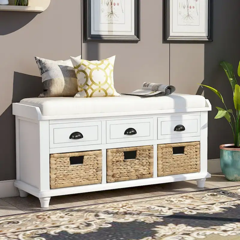 Rustic Storage Shoes Bench with 3 Drawers and 3 Rattan Baskets