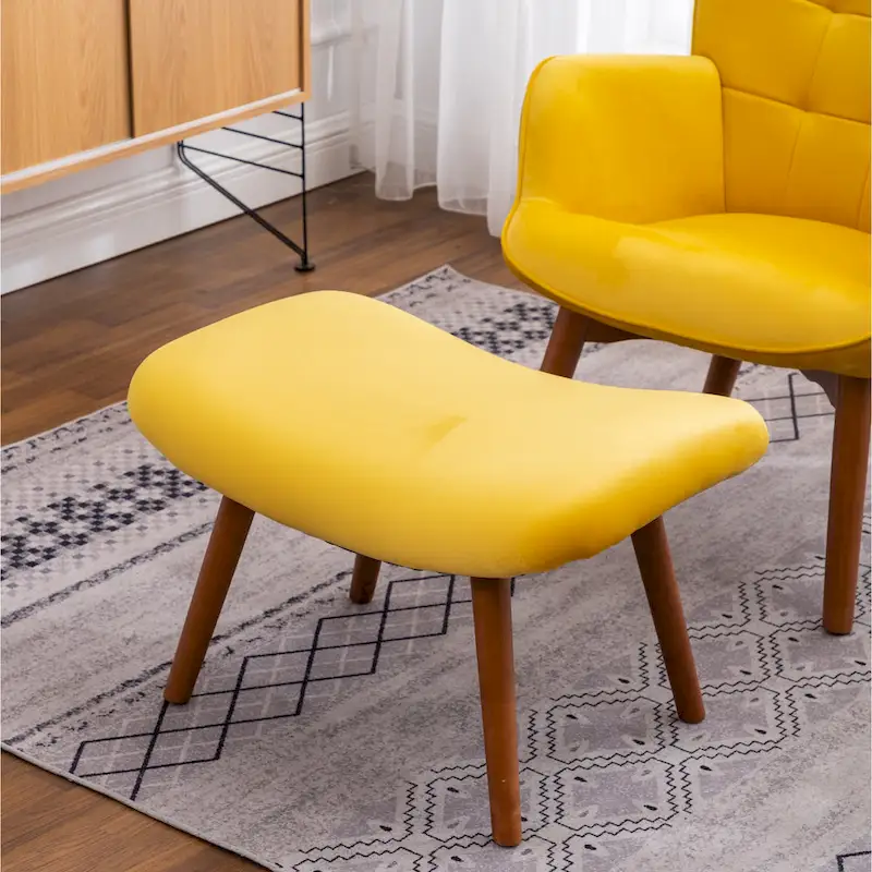 Yellow Modern 33 Polyester Button Tufted Accent Chair with Ottoman and Tapering Wood Dowel Legs