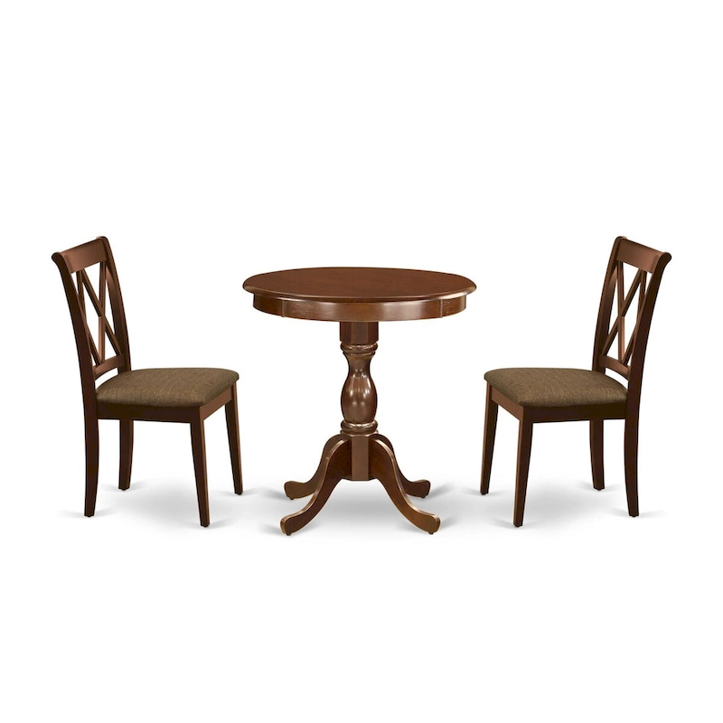 East West Furniture 3 Piece Dining Table Set- a Round Kitchen Table with Pedestal and 2 Dining Chairs, Mahogany(Seat Options)