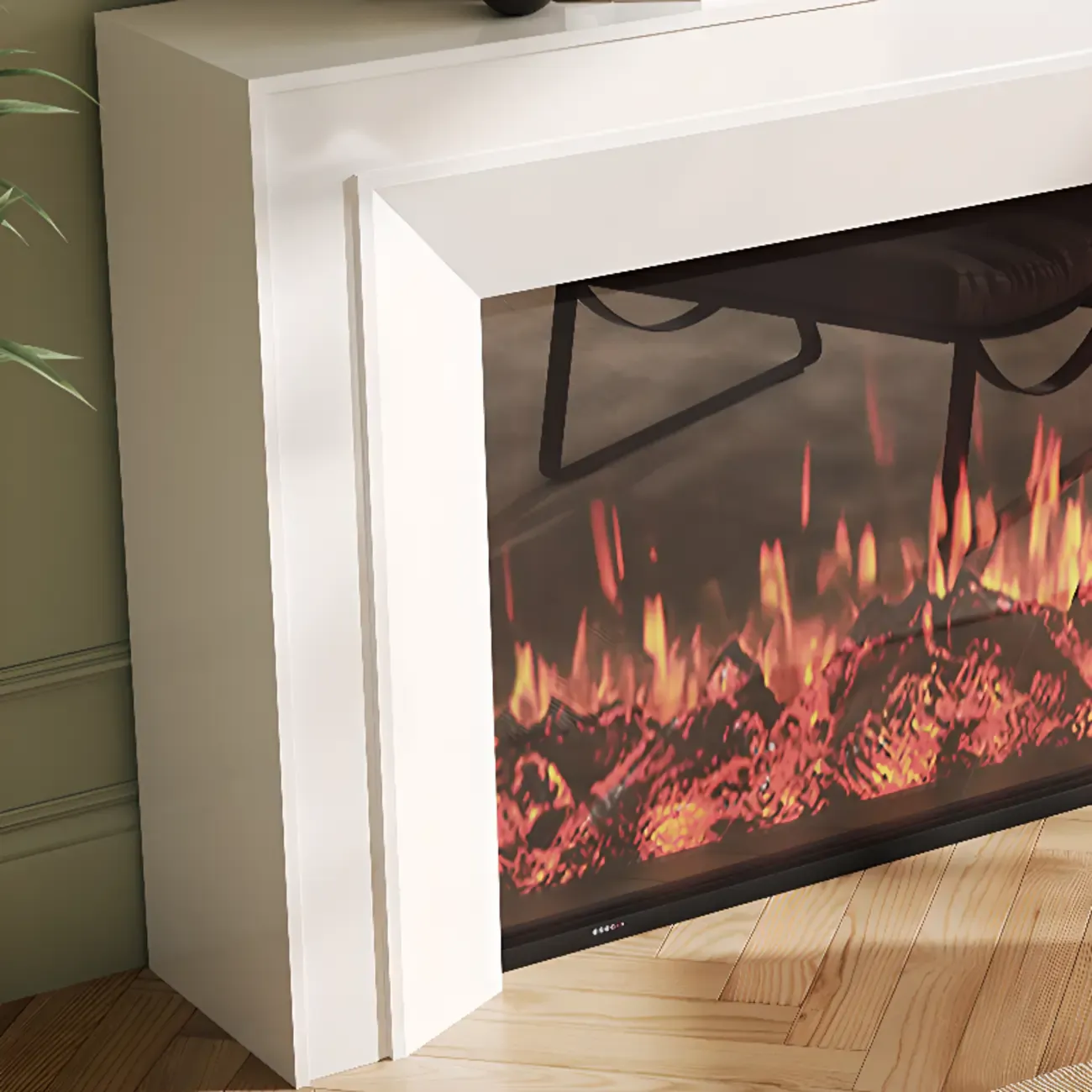 Rectangle White Solid Wood TV Stand with Fireplace & Lights