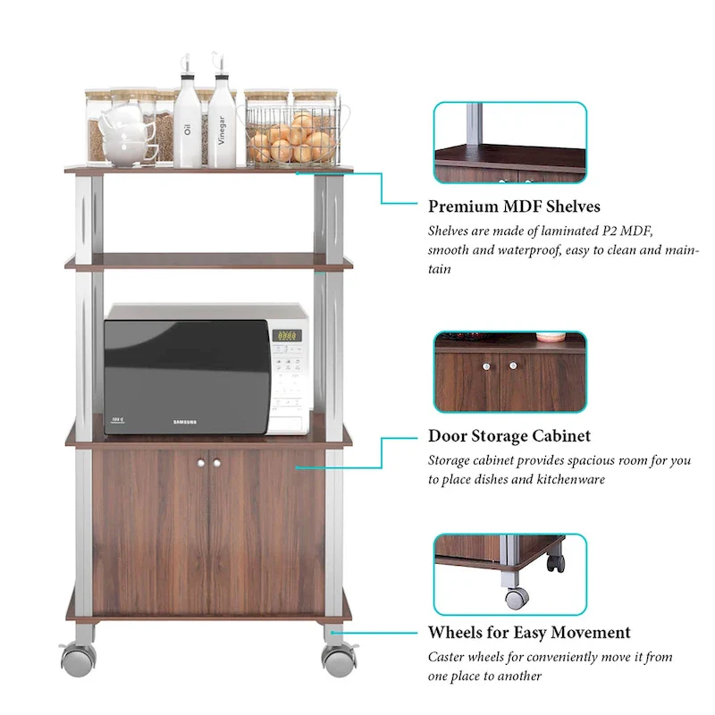 Rolling Kitchen Baker Rack Microwave Oven Stand Utility Shelf w Wheels