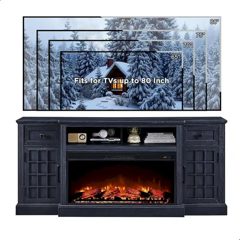 Black/Brown/White Farmhouse Electric Fireplace TV Stand, Fits 80