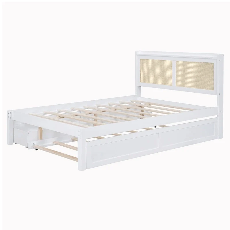 Elegant Bed Frame with Rattan Headboard and Sockets