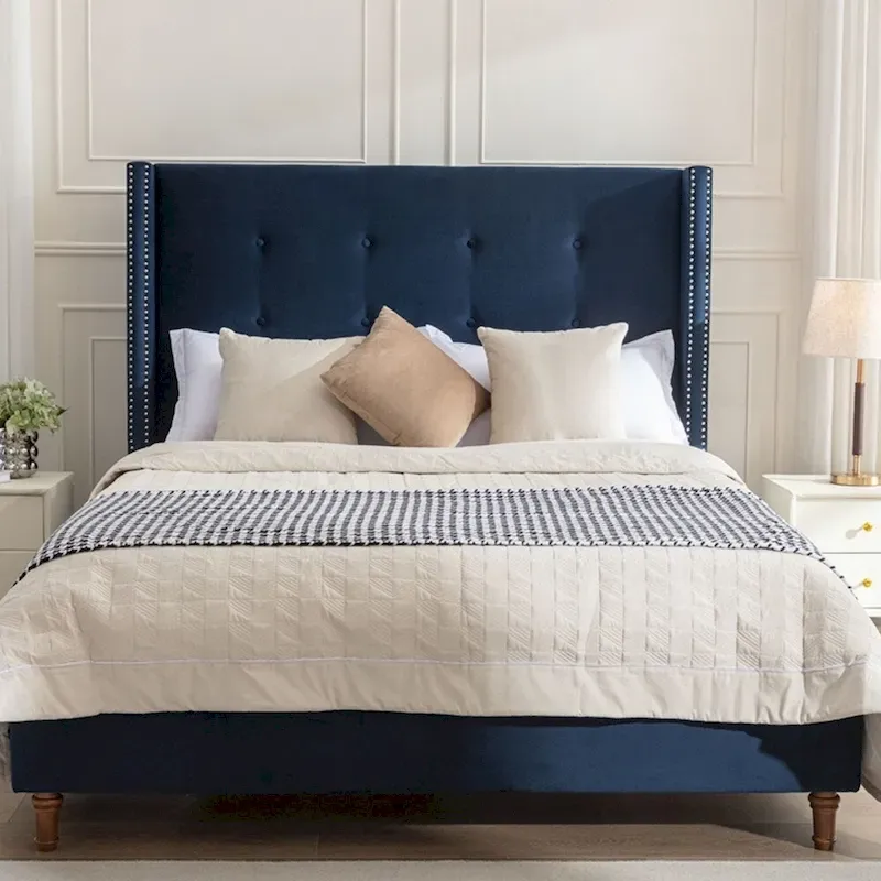 Upholstered Queen Bed with Nailhead Trim Wingback Headboard