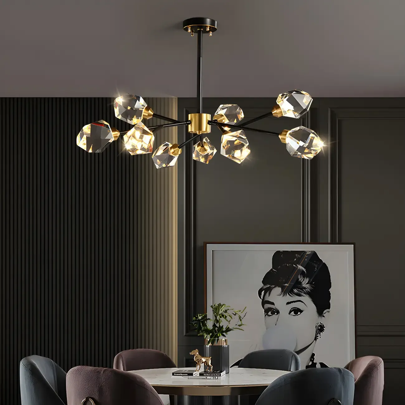Modern Crystal Brass Sputnik Chandeliers in Black-Gold