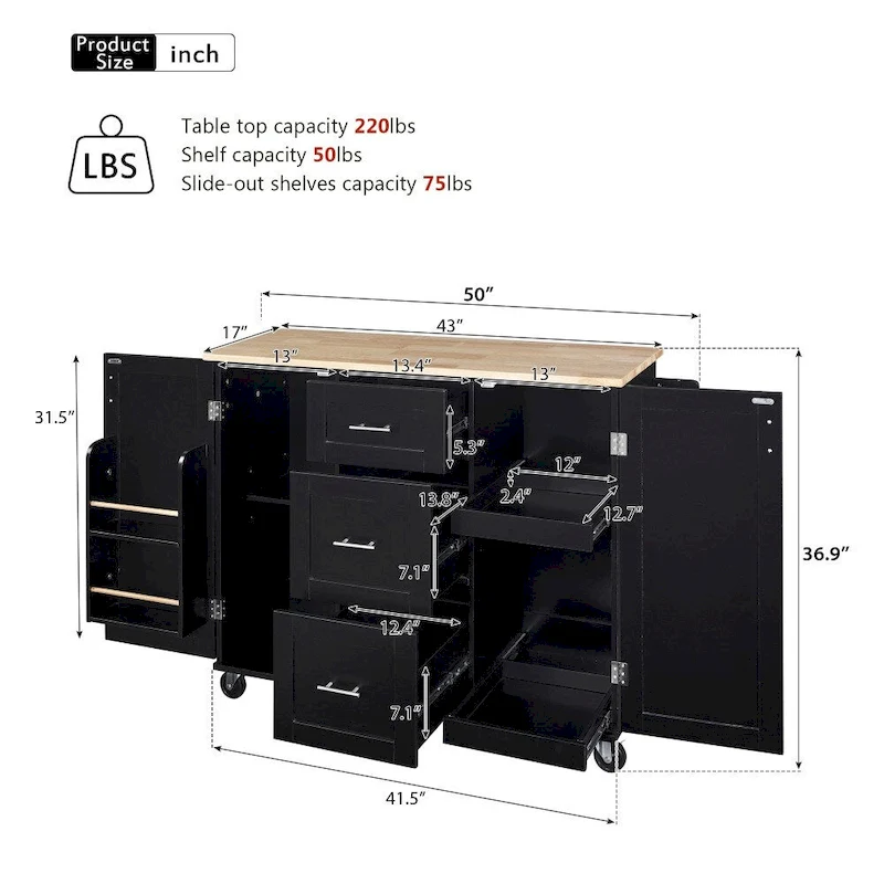 50 in. W Kitchen Island Rubberwood Top on 5 Wheels with 3 Drawers and 2 Slide-Out Shelf