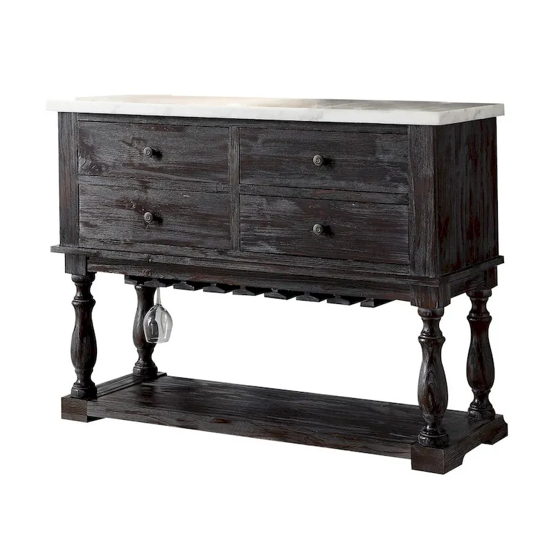 Four Drawers Wooden Server with Marble Top, White and Brown