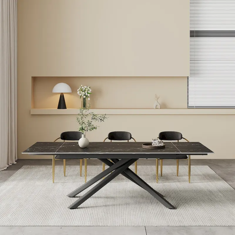 9 - Piece Extendable Sintered Stone Top Cross Legs Dining Set With 8 Fabric Chair