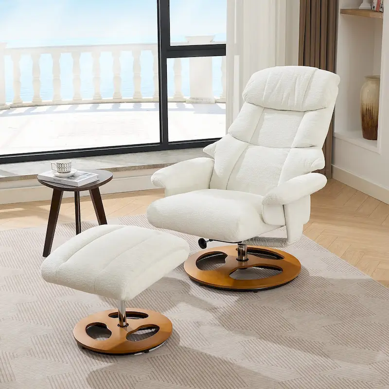 Heated Massage Armchair Chenille Fabric Seating Swivel Recliner Chair with Ottoman, Adjustable Backrest and Remote